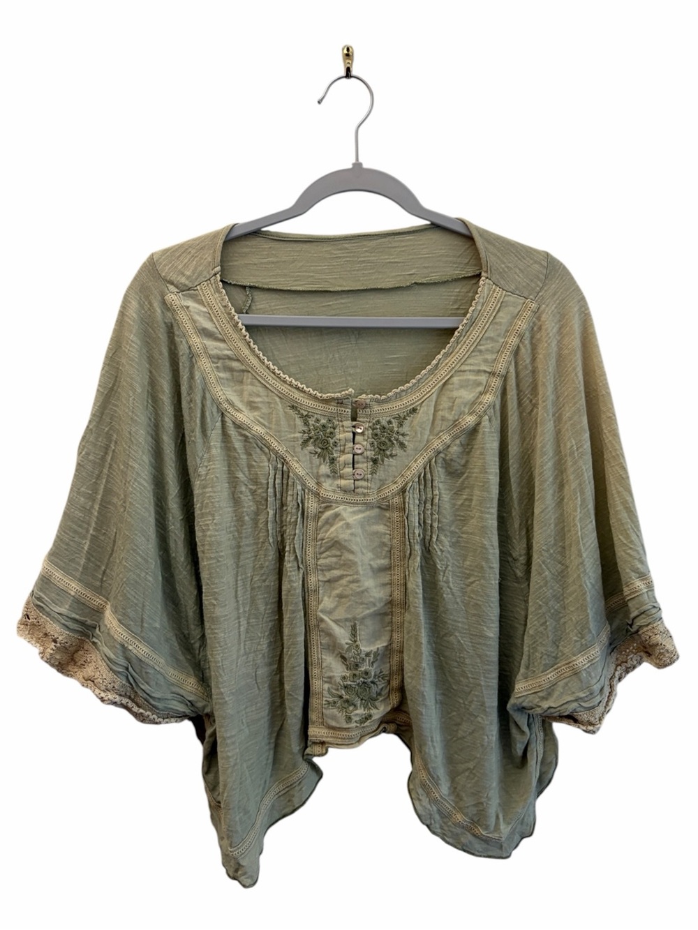 Boho Cottage Sage Green Embroidered Poncho Blouse One Size Ren Faire Costume